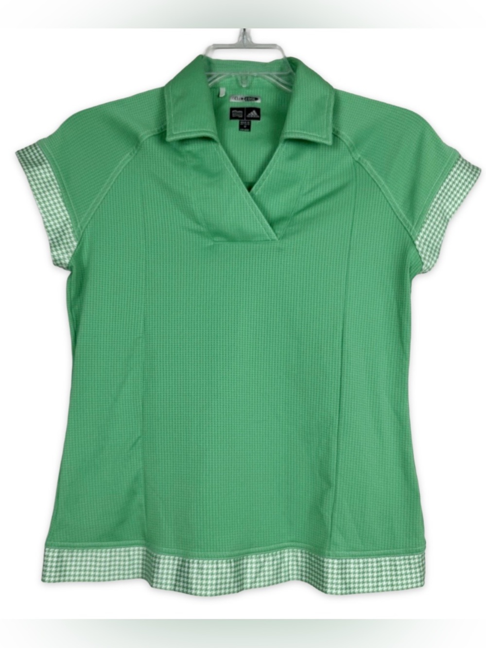 Adidas Climacool Polo Shirt Womens M Green V-neck Short Sleeve Houndstooth Trim